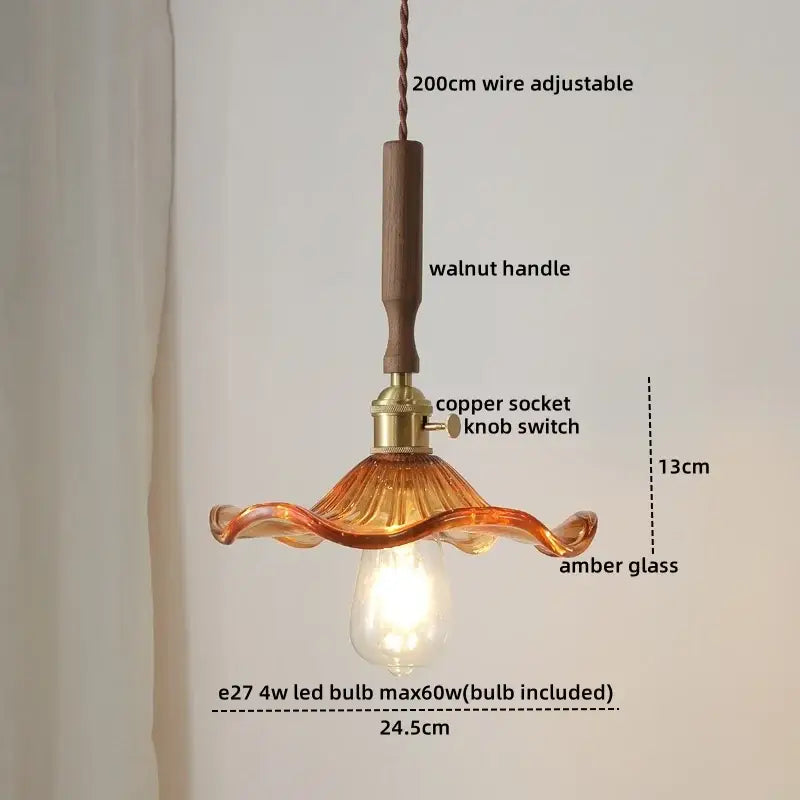 Decorbites amber glass led pendant light with walnut dining room