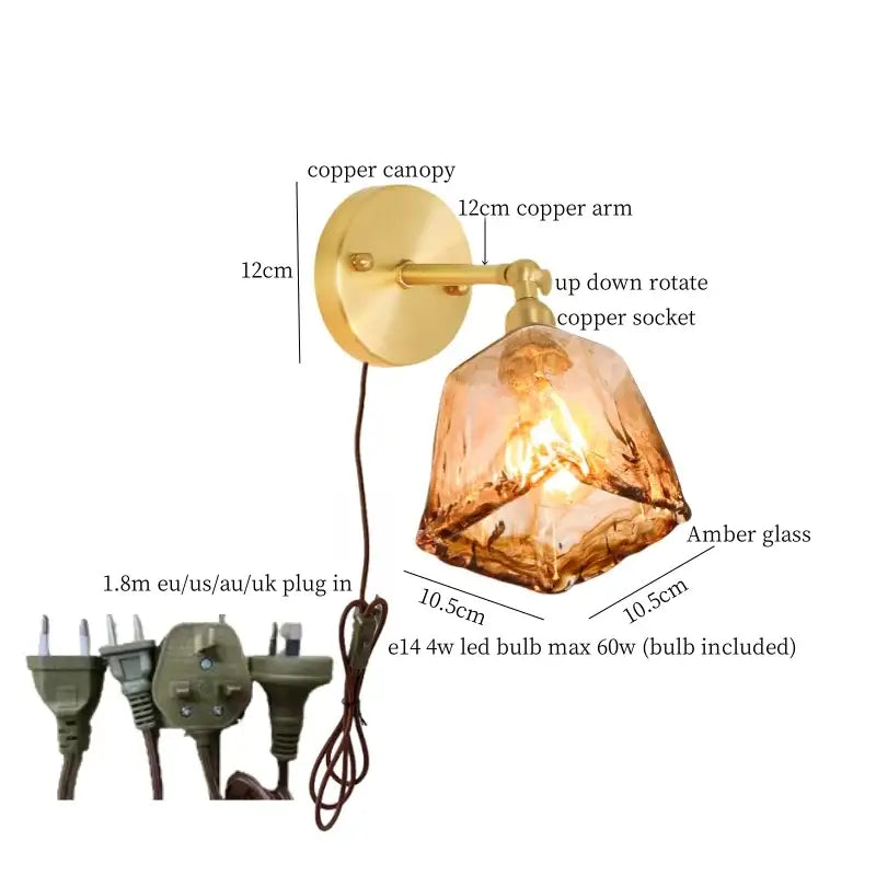 Minimalist amber glass and gold led wall lamp bedroom pull chain