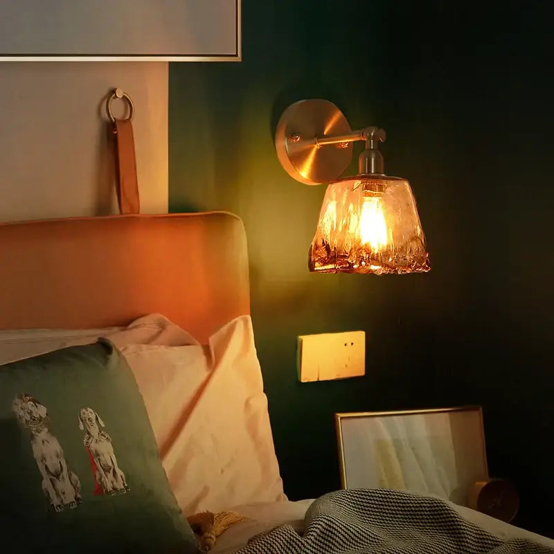 Minimalist amber glass and gold led wall lamp bedroom pull chain