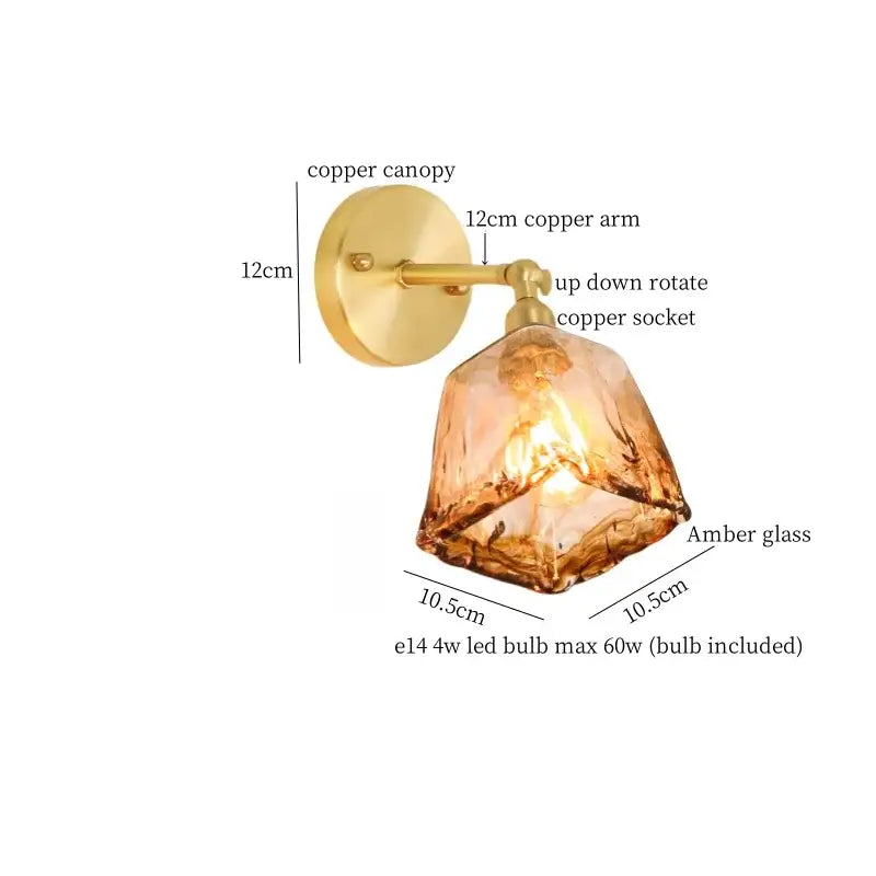 Minimalist amber glass and gold led wall lamp bedroom pull chain