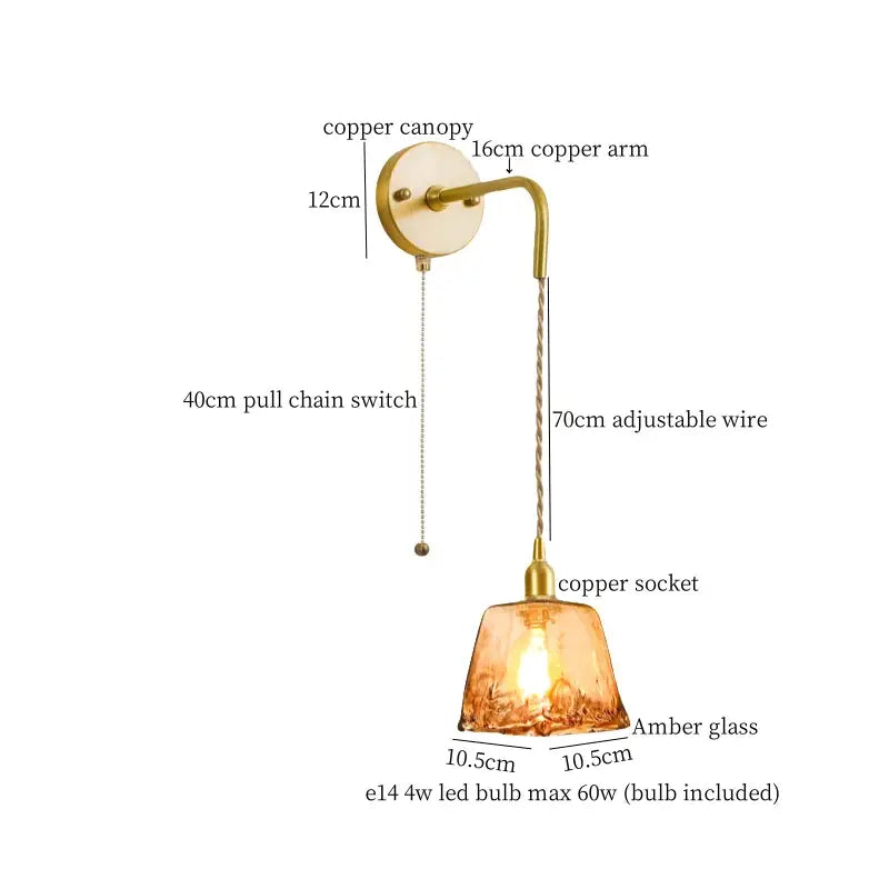 Minimalist amber glass and gold led wall lamp bedroom pull chain