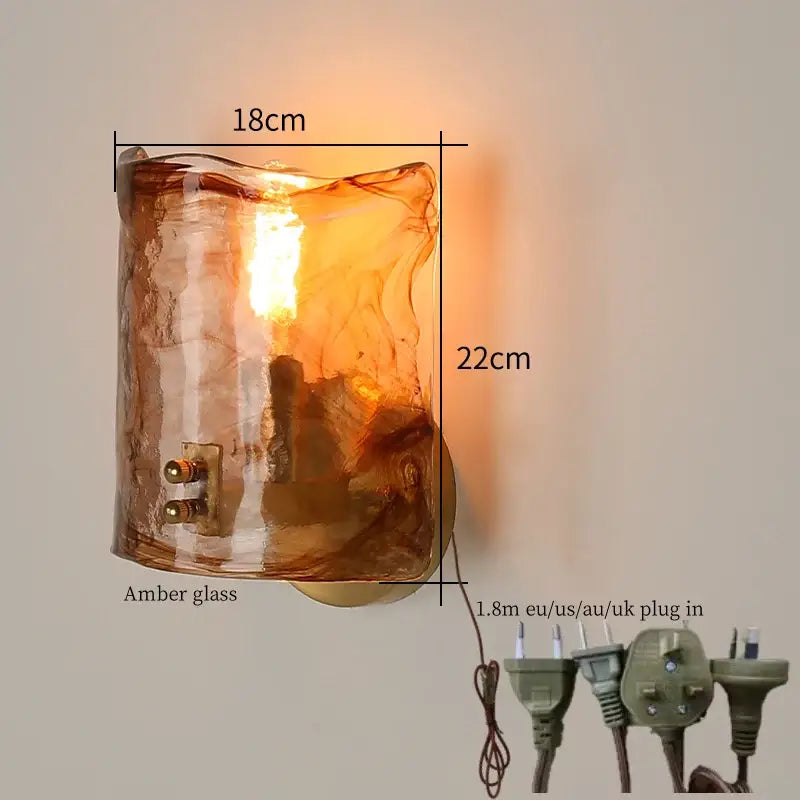 Minimalist amber glass and gold led wall lamp bedroom pull chain