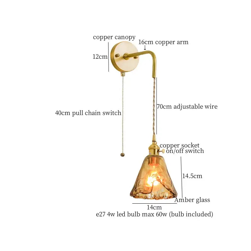 Minimalist amber glass and gold led wall lamp bedroom pull chain