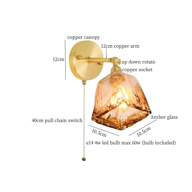 Minimalist amber glass and gold led wall lamp bedroom pull chain