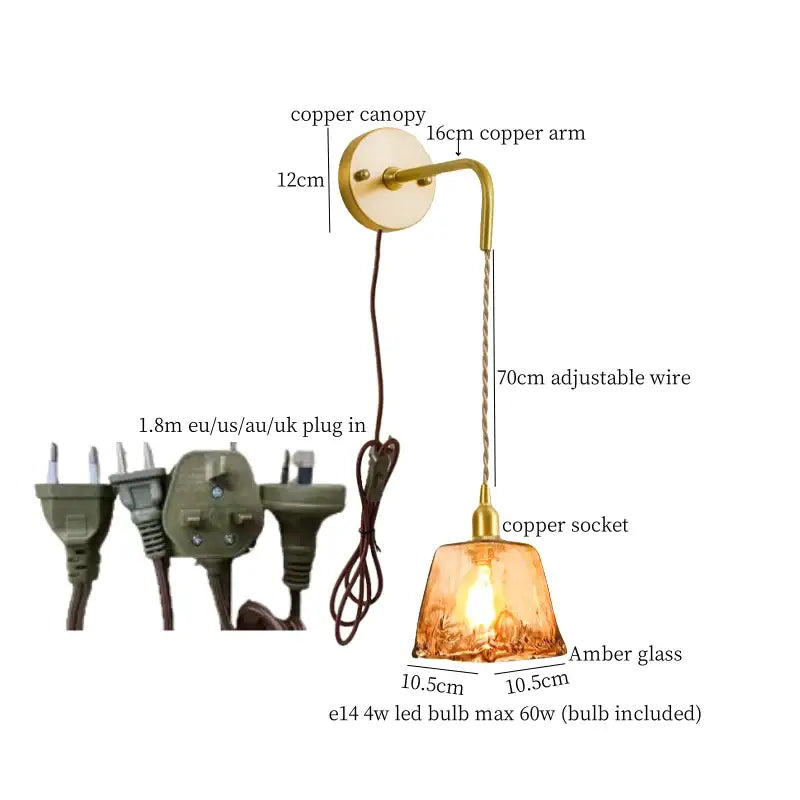 Minimalist amber glass and gold led wall lamp bedroom pull chain
