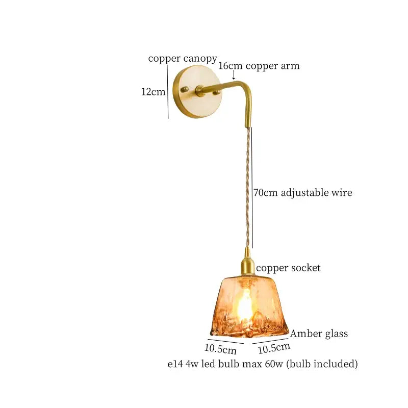 Minimalist amber glass and gold led wall lamp bedroom pull chain