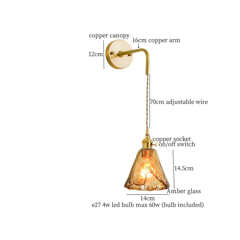 Minimalist amber glass and gold led wall lamp bedroom pull chain