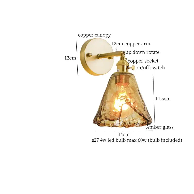 Minimalist amber glass and gold led wall lamp bedroom pull chain