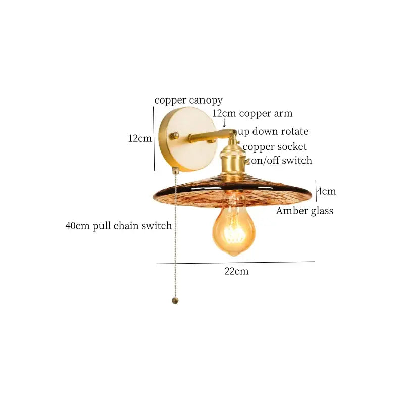 Minimalist amber glass and gold led wall lamp bedroom pull chain