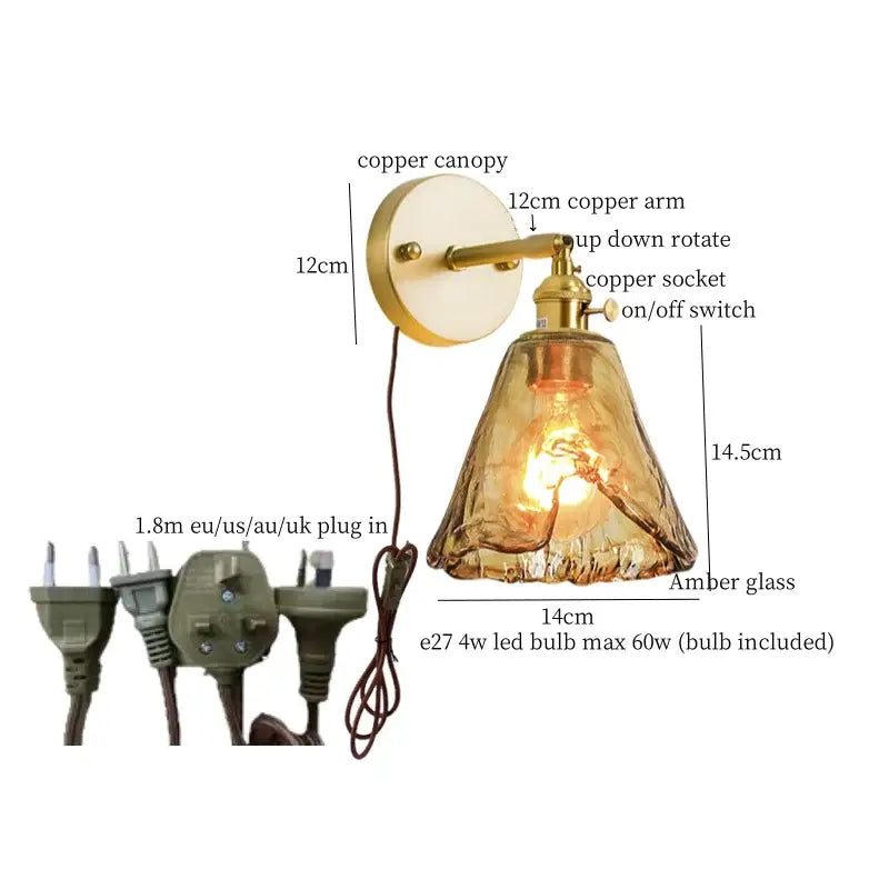 Minimalist amber glass and gold led wall lamp bedroom pull chain