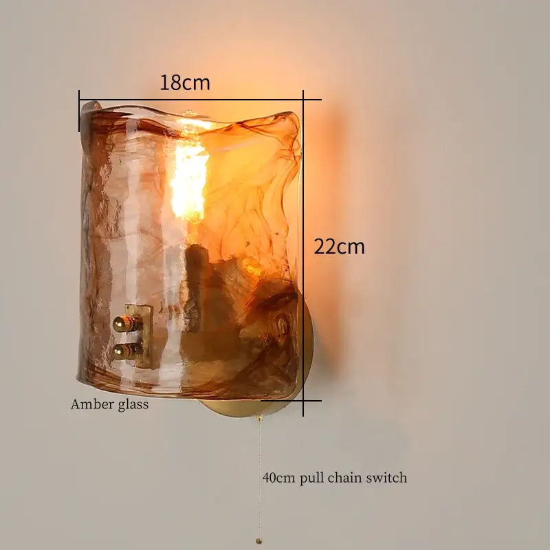 Minimalist amber glass and gold led wall lamp bedroom pull chain