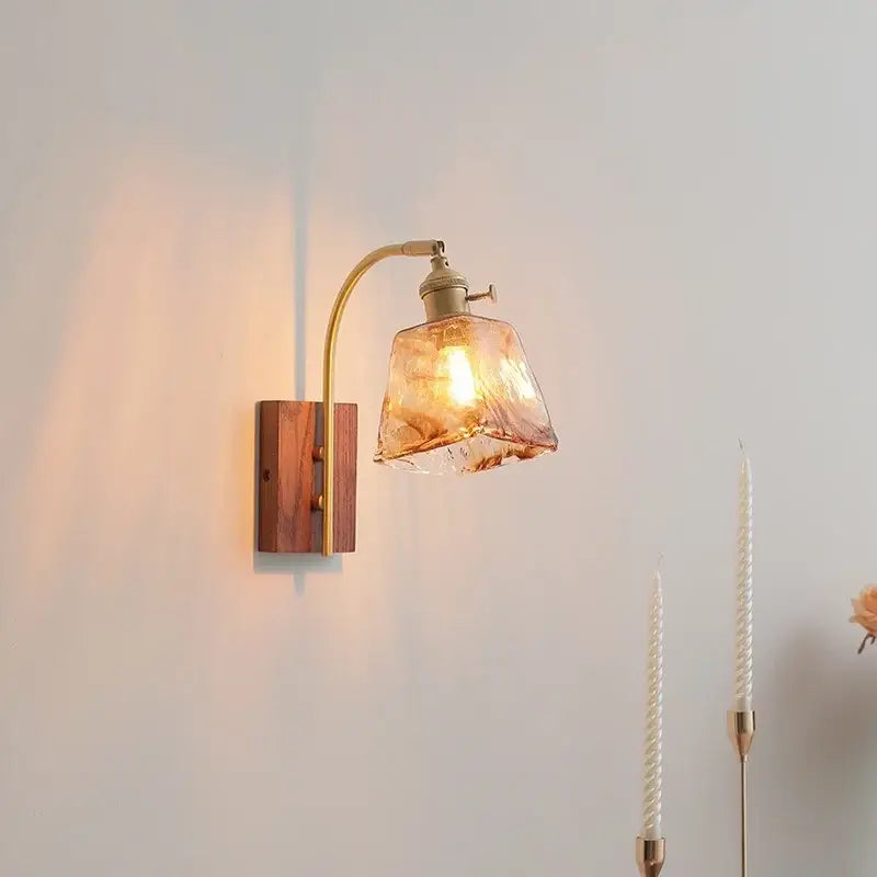 Antique brass and amber glass wall lamp bedroom sconce