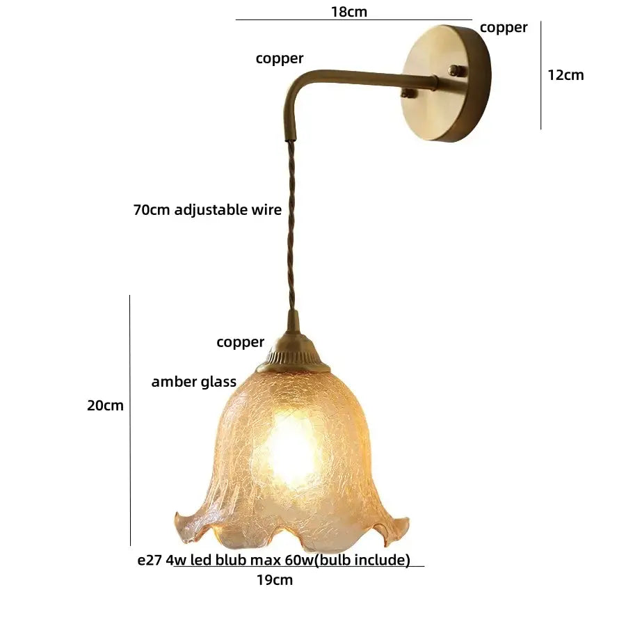 Antique brass and amber glass led wall lights for bedroom decor