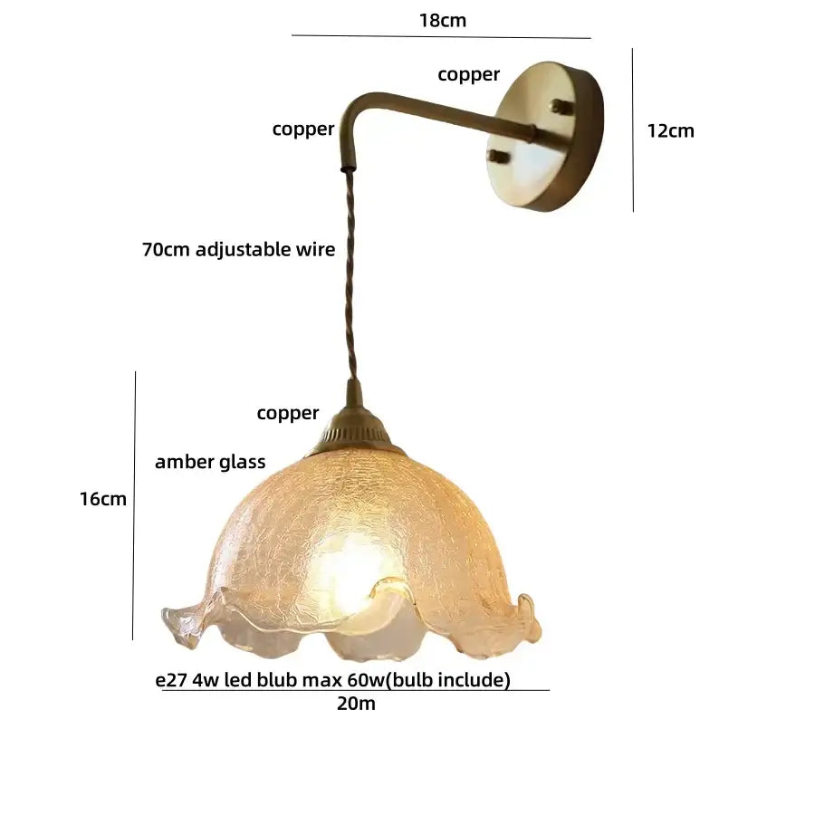 Antique brass and amber glass led wall lights for bedroom decor