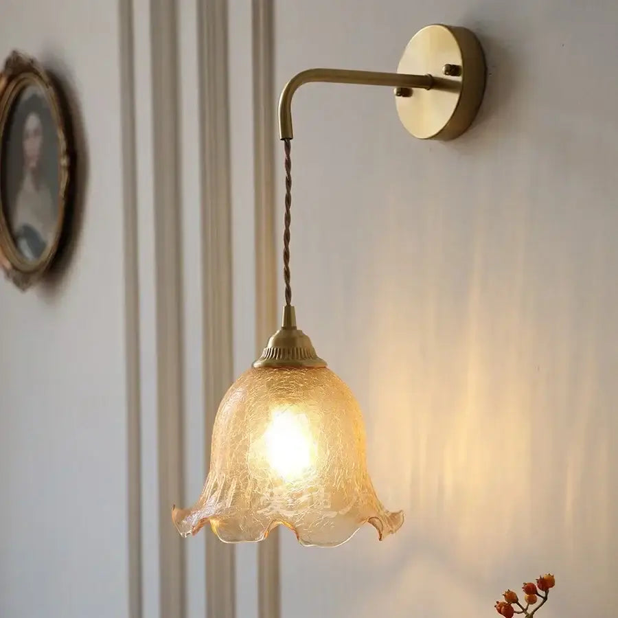 Antique brass and amber glass led wall lights for bedroom decor
