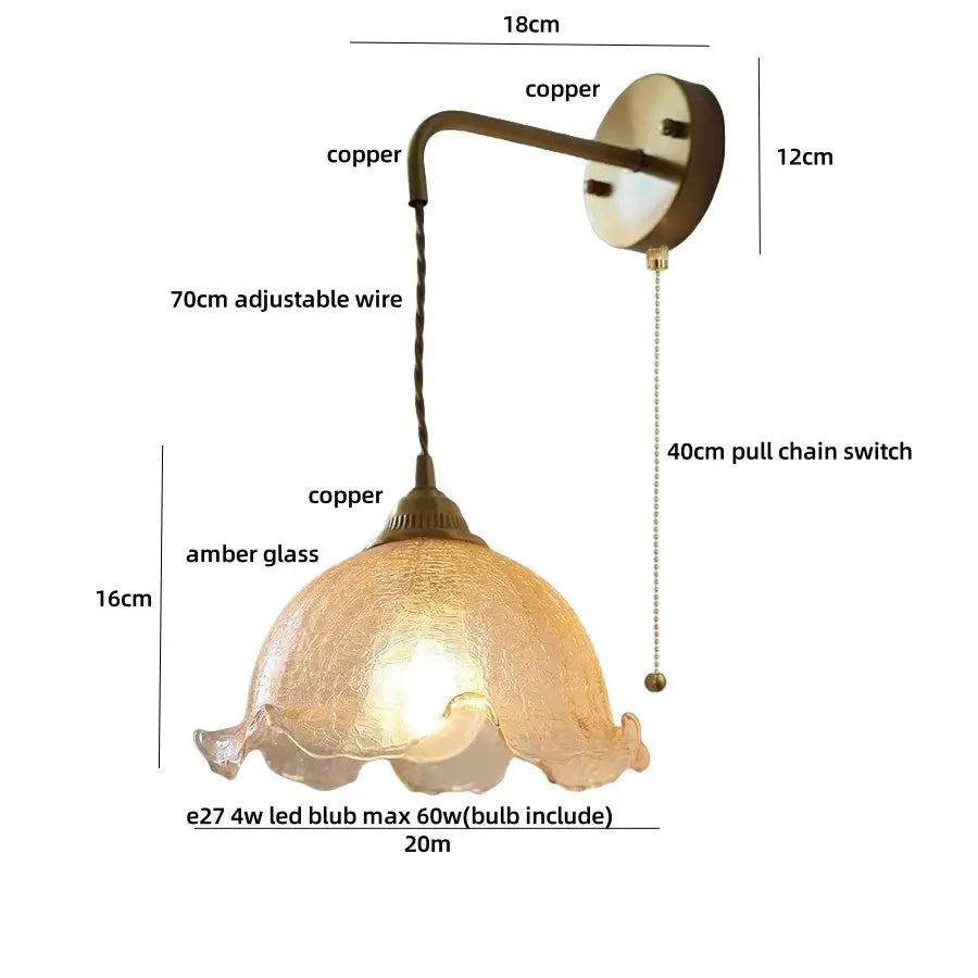 Antique brass and amber glass led wall lights for bedroom decor