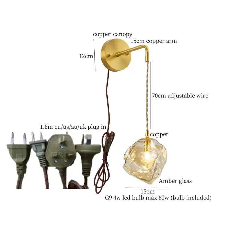 Vintage gold amber glass led wall lights bedroom sconce