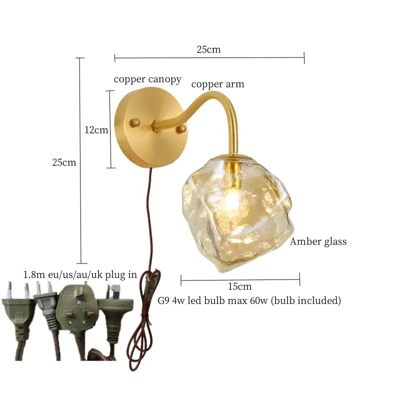 Vintage gold amber glass led wall lights bedroom sconce