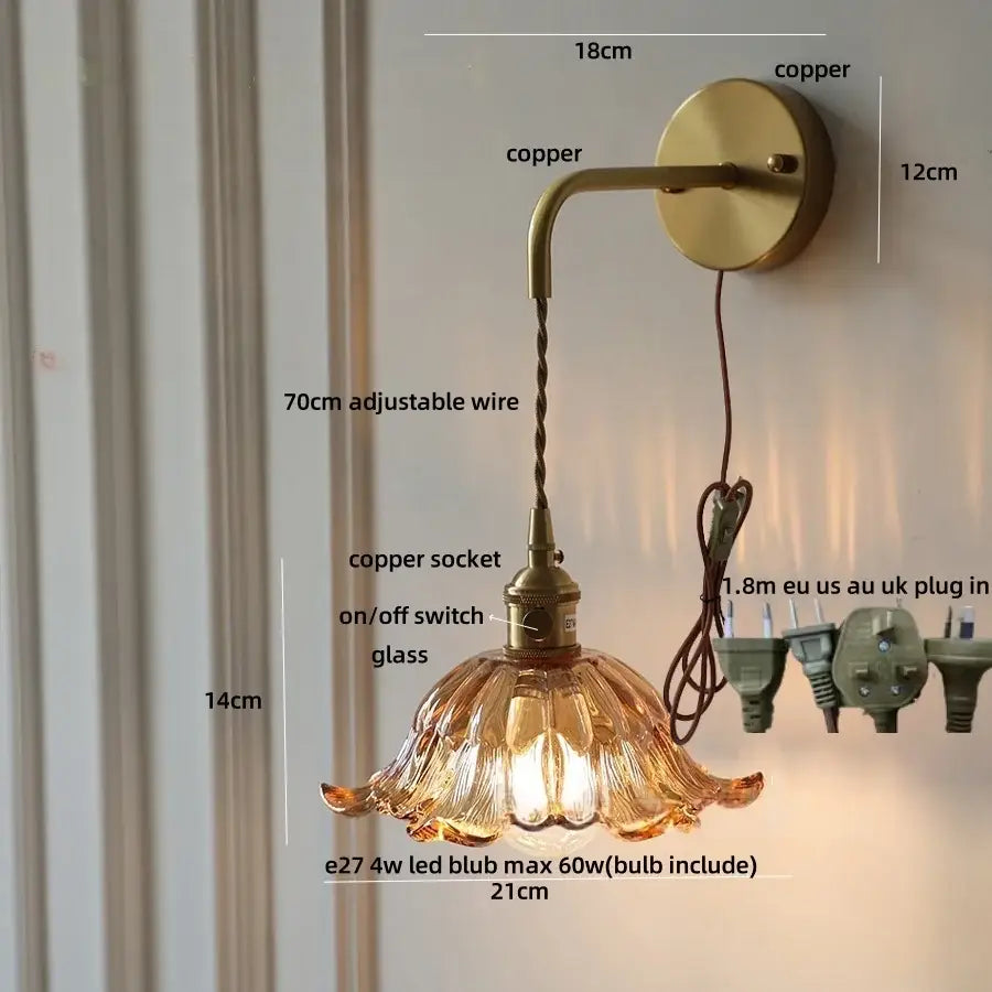 Antique brass amber flower glass led wall sconce bedroom light