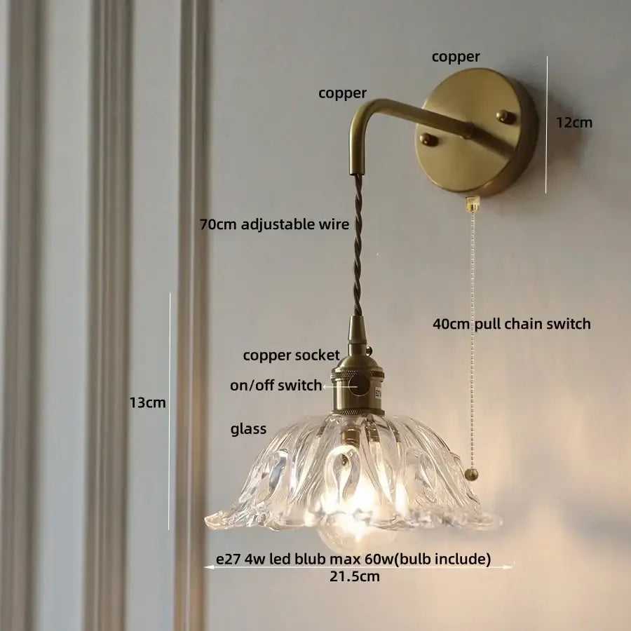 Antique brass amber flower glass led wall sconce bedroom light