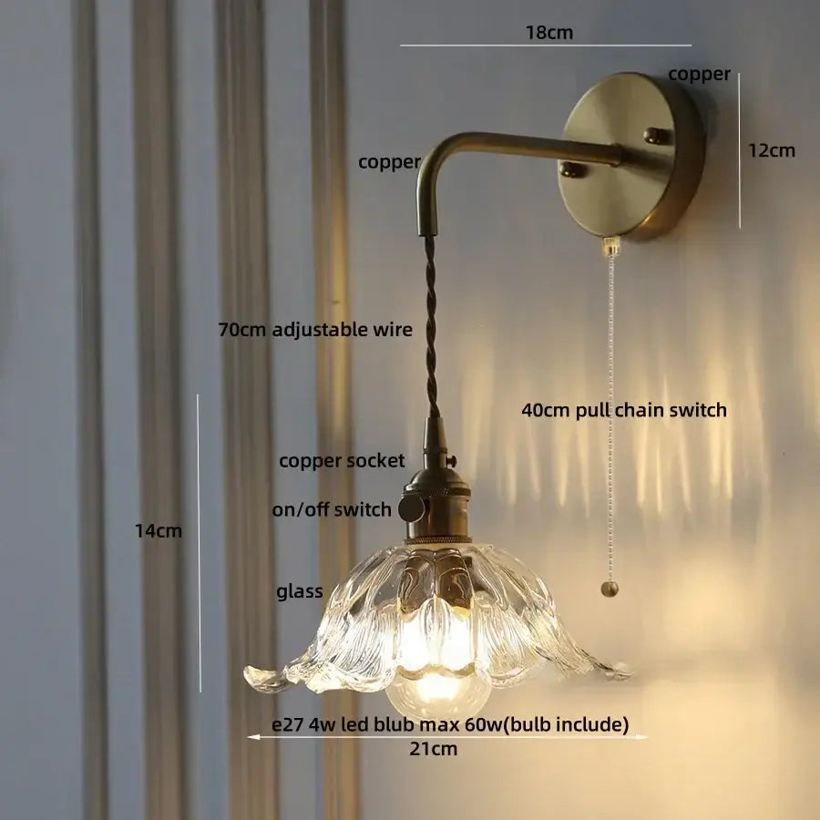 Antique brass amber flower glass led wall sconce bedroom light