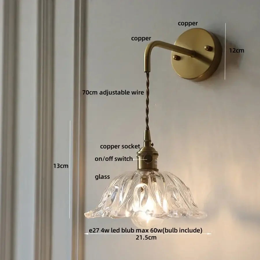 Antique brass amber flower glass led wall sconce bedroom light