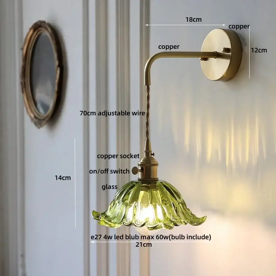 Antique brass amber flower glass led wall sconce bedroom light