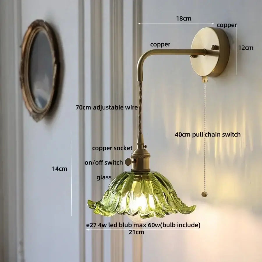 Antique brass amber flower glass led wall sconce bedroom light