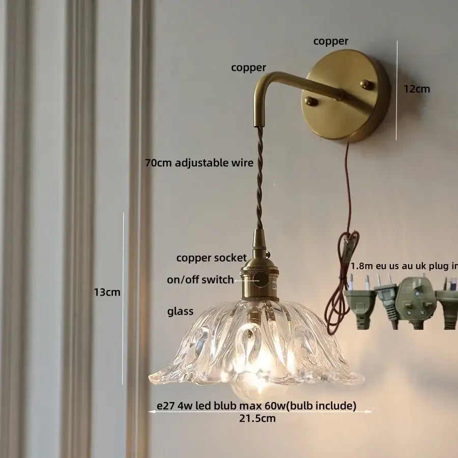 Antique brass amber flower glass led wall sconce bedroom light