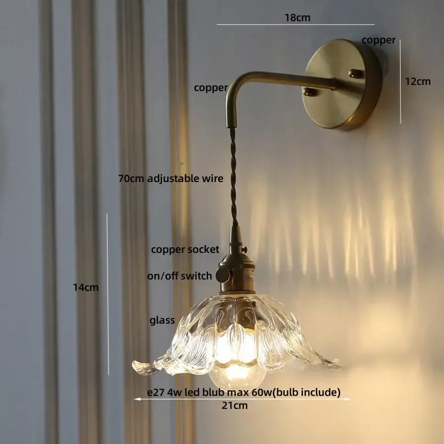 Antique brass amber flower glass led wall sconce bedroom light