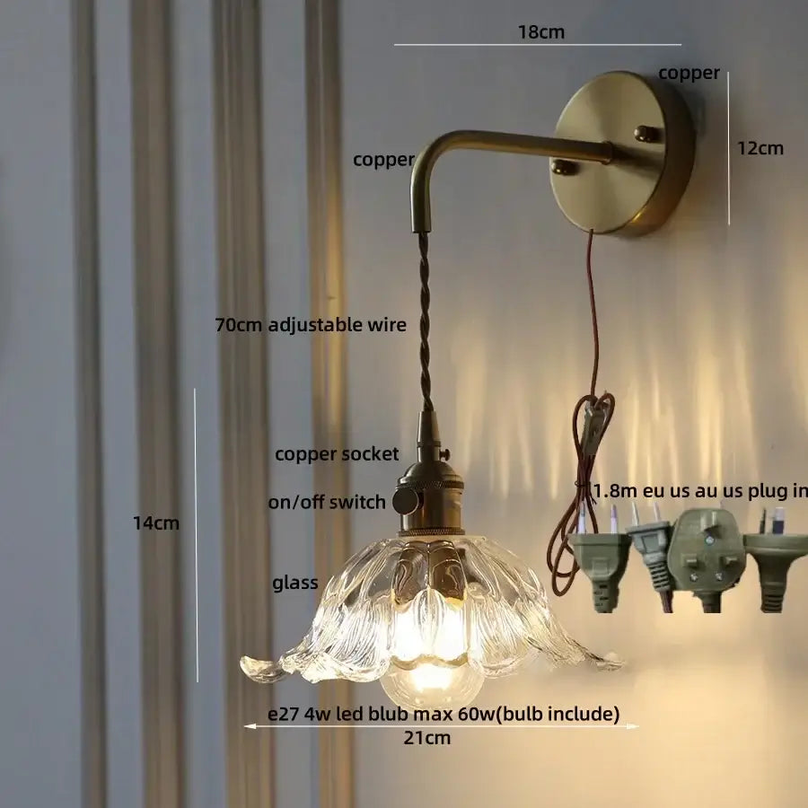 Antique brass amber flower glass led wall sconce bedroom light