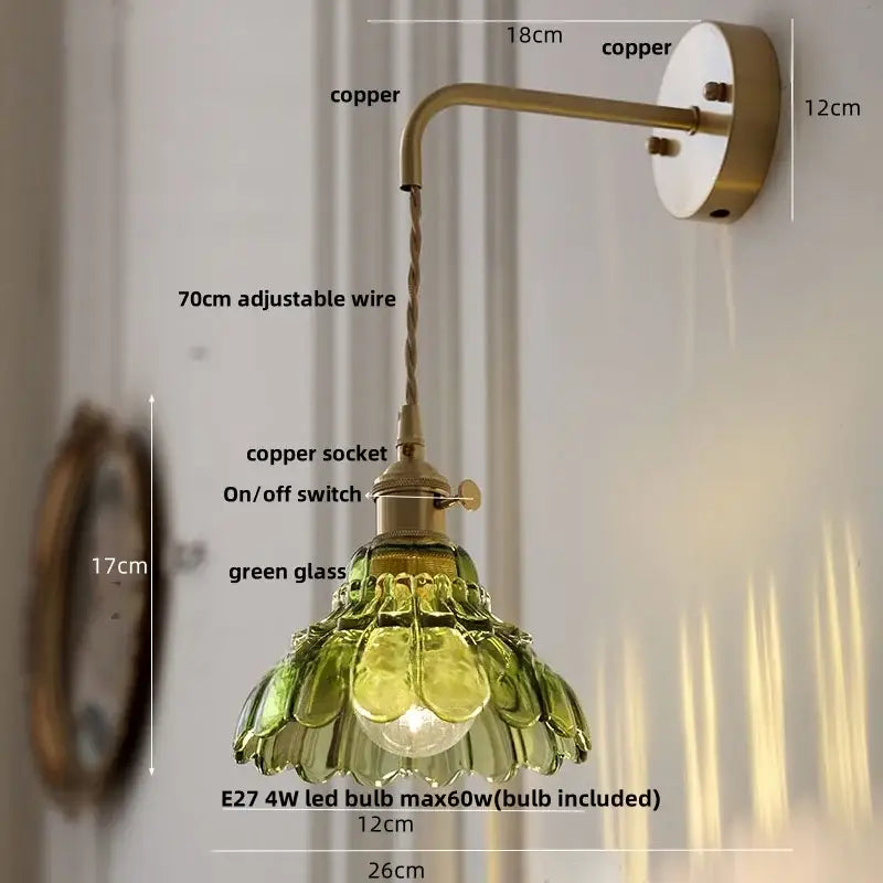 Antique brass amber flower glass led wall sconce bedroom light