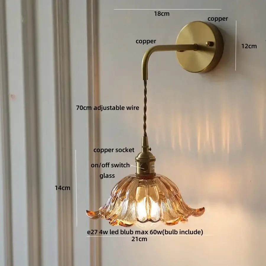 Antique brass amber flower glass led wall sconce bedroom light
