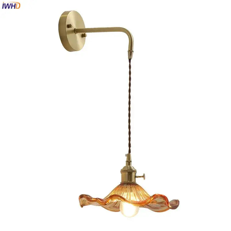 Antique brass amber glass led wall sconce for bedroom lighting