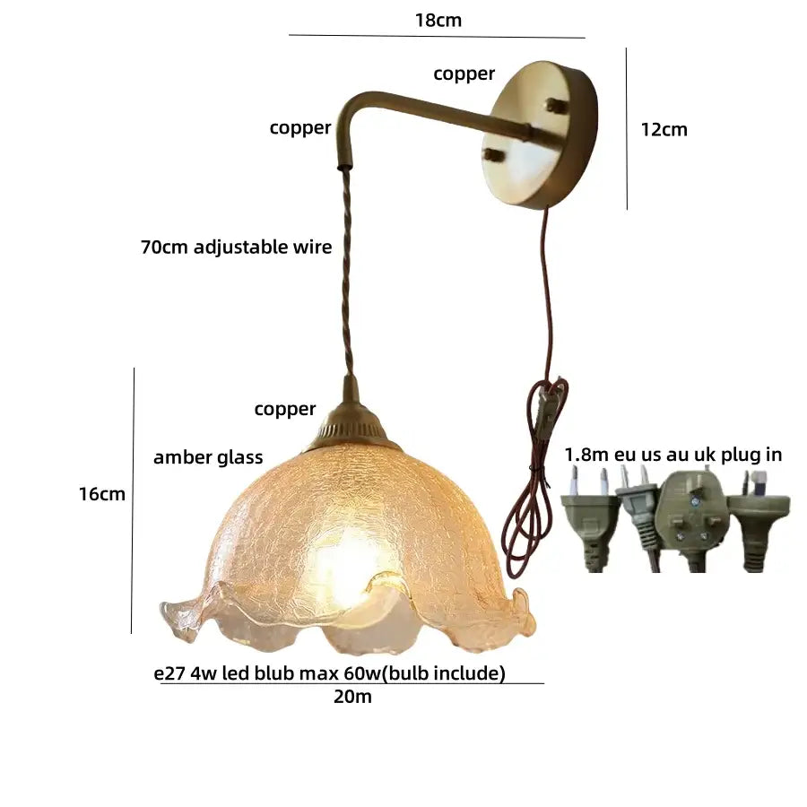 Antique brass and amber glass led wall sconce for bedroom