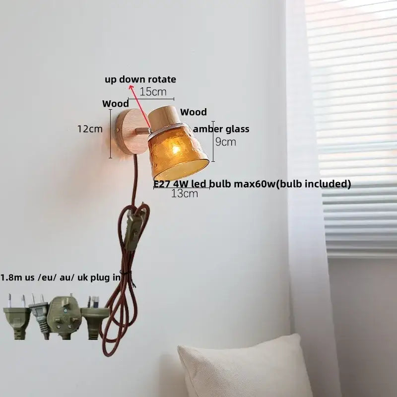 Modern amber glass led wall sconce wood stair light bedroom