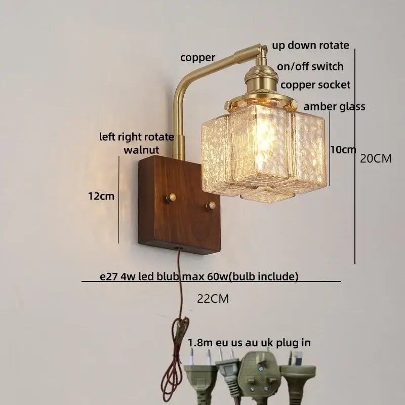 Amber glass and walnut wood wall sconce with pull chain living room