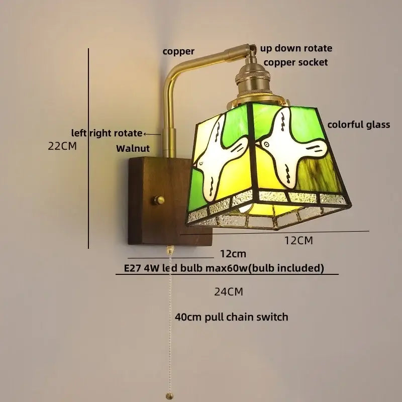 Amber glass and walnut wood wall sconce with pull chain living room