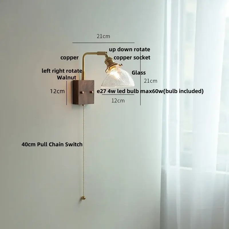Amber glass and walnut wood wall sconce with pull chain living room