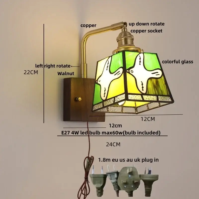 Amber glass and walnut wood wall sconce with pull chain living room