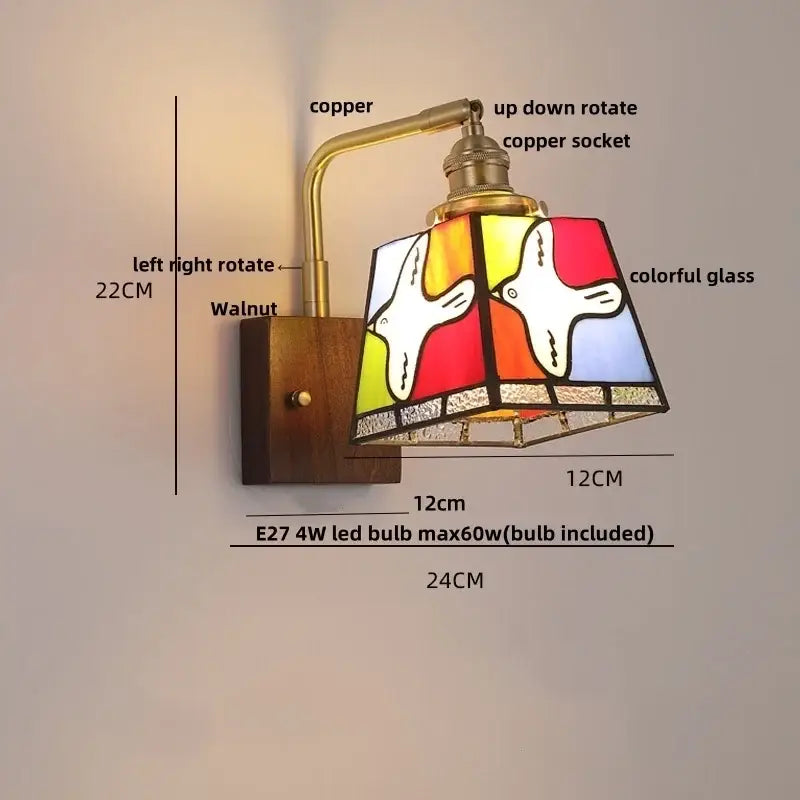Amber glass and walnut wood wall sconce with pull chain living room