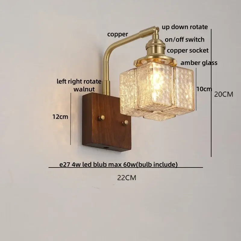 Amber glass and walnut wood wall sconce with pull chain living room
