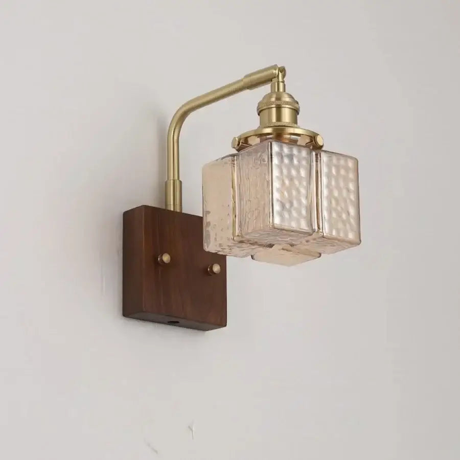 Amber glass and walnut wood wall sconce with pull chain living room