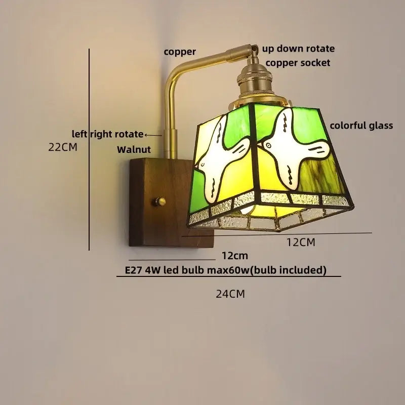 Amber glass and walnut wood wall sconce with pull chain living room