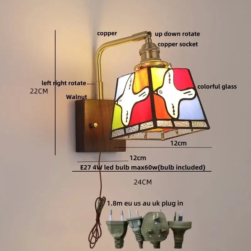 Amber glass and walnut wood wall sconce with pull chain living room