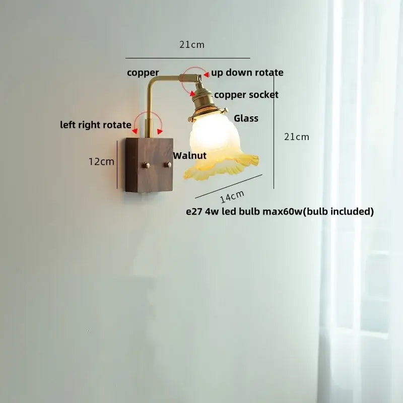 Amber glass and walnut wood wall sconce with pull chain living room