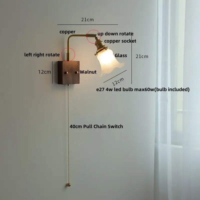 Amber glass and walnut wood wall sconce with pull chain living room