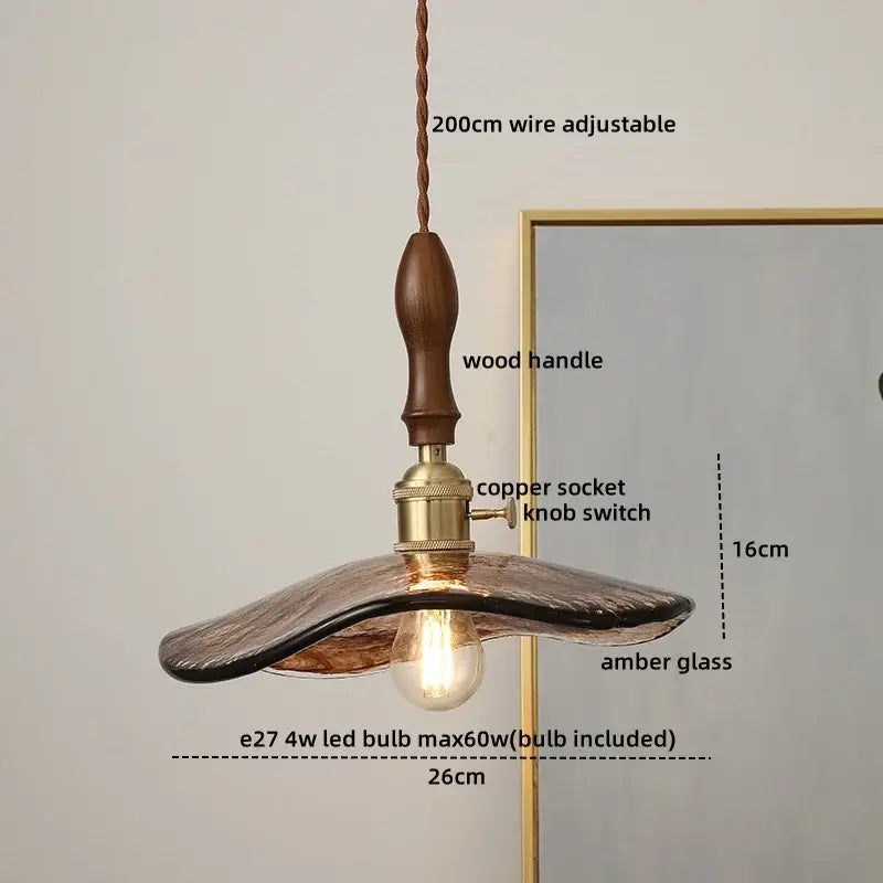 Modern amber glass pendant light with wood handle dining room