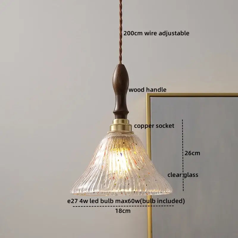 Modern amber glass pendant light with wood handle dining room
