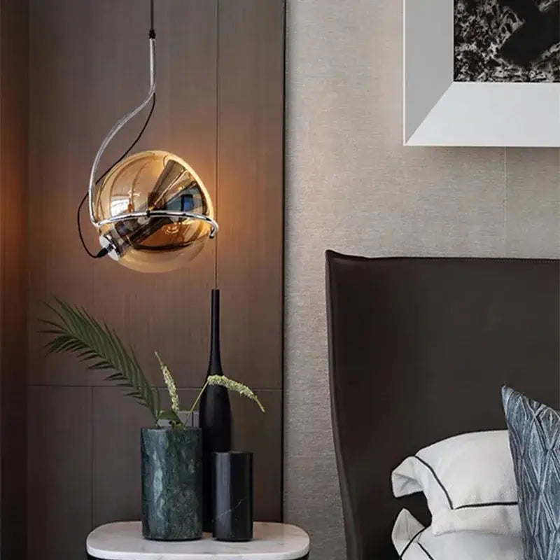 Industrial amber glass and chrome pendant light kitchen chandelier